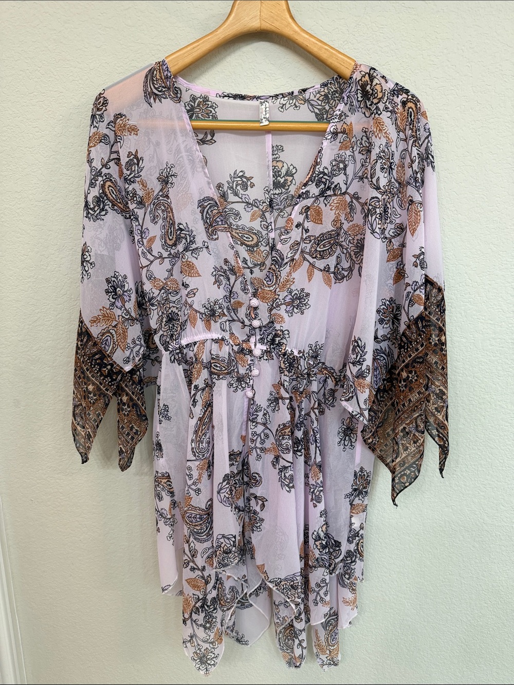 Free People Pale Pink Floral Paisley V-Neck Blouse.